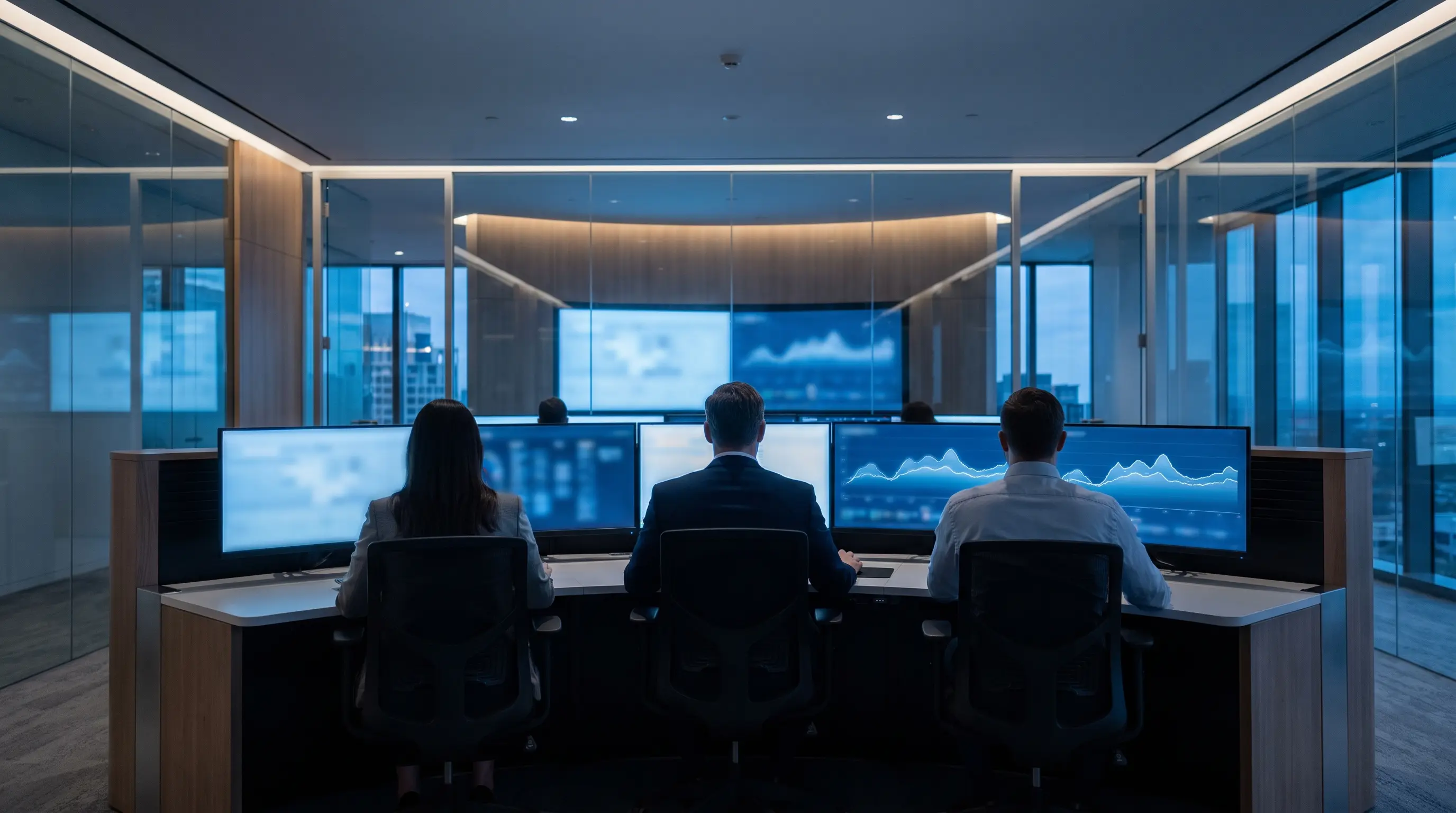 Security analysts reviewing alerts on several screens